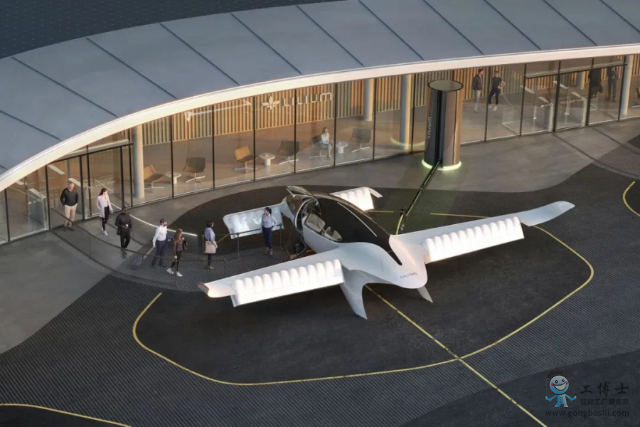 一個垂直機場的七座 Lilium 飛機設想圖